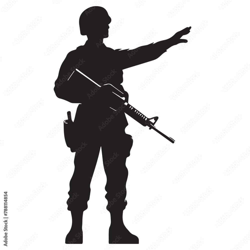 A silhouette of a soldier giving commands with one hand while holding a vector illustration