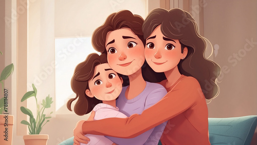 A cartoonic mother and daughter are hugging.

 photo