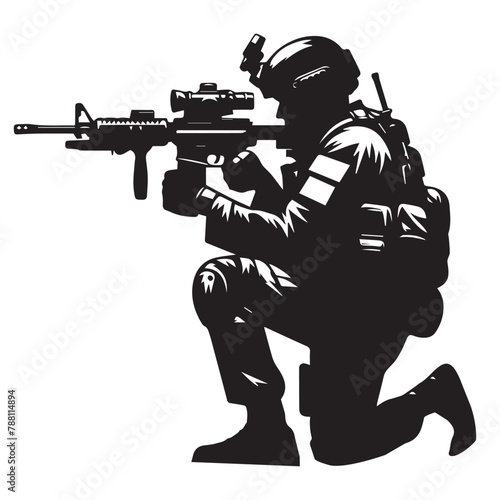 A silhouette of a soldier in a defensive position behind the cover vector illustration