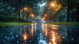 Empty street next to a park, late evening, under a gentle rain. Trees lining the street, their leaves glistening with raindrops. Generative AI.