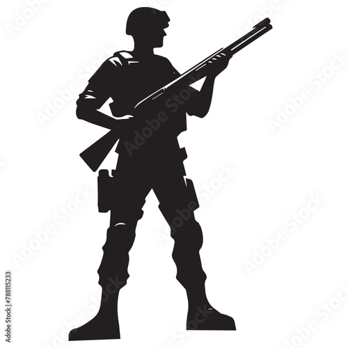 A silhouette of a soldier in a defensive posture holding a shotgun vector illustration