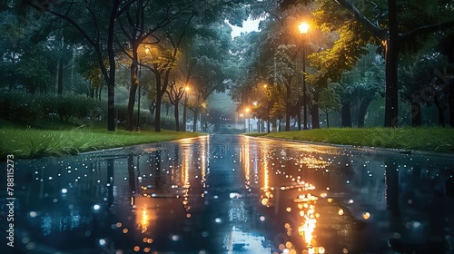 Empty street next to a park, late evening, under a gentle rain. Trees lining the street, their leaves glistening with raindrops. Generative AI. photo
