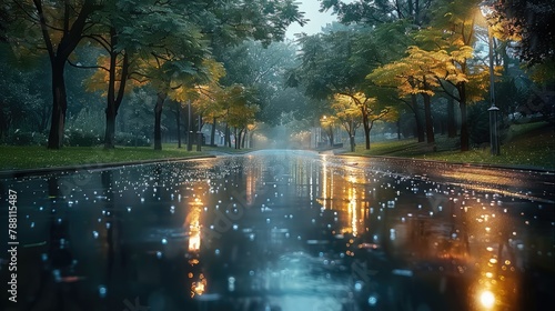 Empty street next to a park, late evening, under a gentle rain. Trees lining the street, their leaves glistening with raindrops. Generative AI. photo