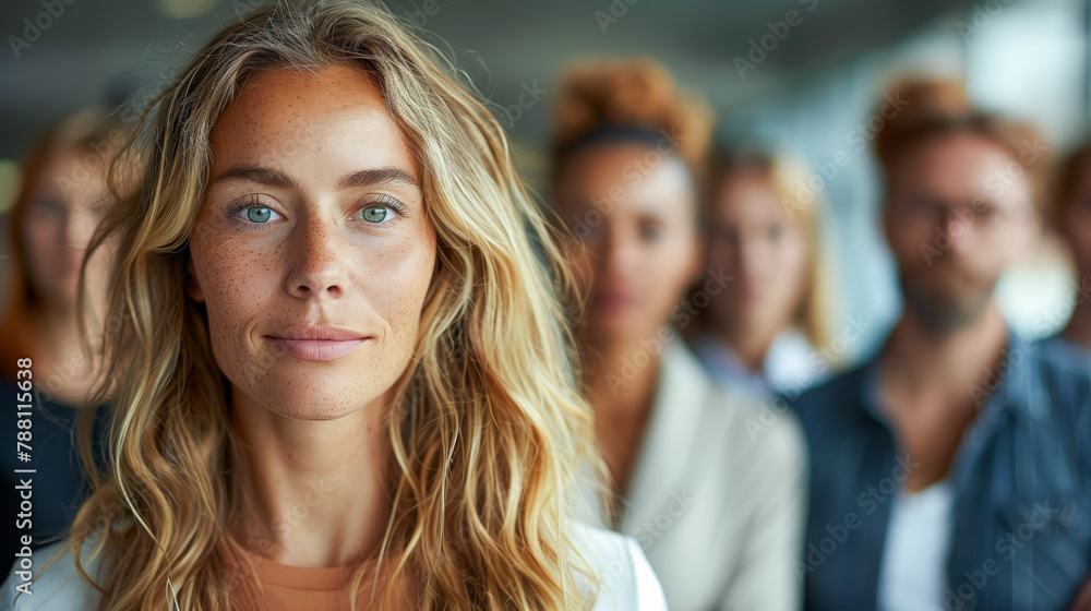 Happy diverse professional executive business team people looking at camera standing in office lobby hall. Multicultural company managers team portrait. Generative AI Happy diverse professional executive business team people looking at camera standing in office lobby hall. Multicultural company managers team portrait. Generative AI