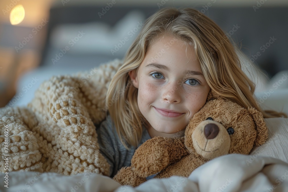 Blonde girl with a serene smile, wrapped in a blanket with a teddy bear in a cozy setting Blonde girl with a serene smile, wrapped in a blanket with a teddy bear in a cozy setting