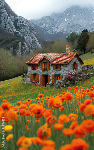 A Beautiful Romantic House Amidst Grassy Fields and Distant Flowers