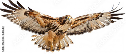 Majestic full body golden hawk eagle bird flying spreading its beautiful wings isolated on white background