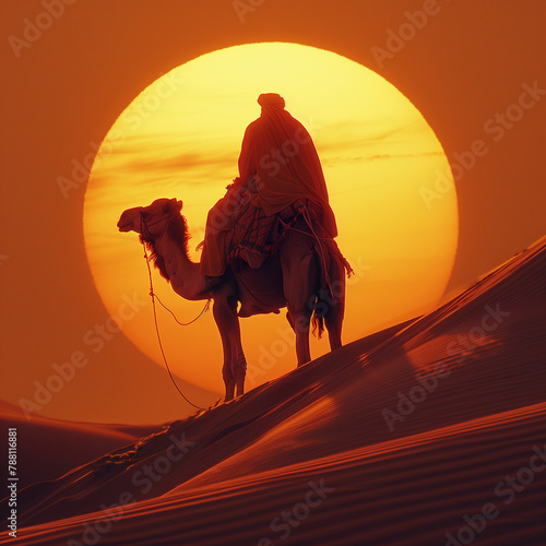 Islamic New Year and Eid Al-Adha theme with silhouette of person on camel against giant crescent moon at clear night in sahara desert