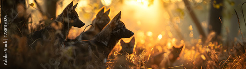 Wild dogs standing in the forest with setting sun shining. Group of wild animals in nature. Horizontal, banner. © linda_vostrovska