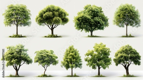 A set of realistic trees isolated on white background  collection with various types and sizes of green tree  cut out  cutout  isolated elements  clip art design. Generative AI.