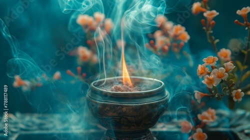 bowl with blue incense smoke and pink flowers.  photo