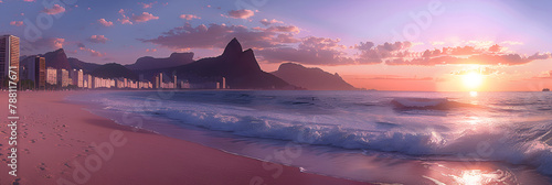 Illustration of View of Ipanema Beach in the evening . beautiful shot of a seashore with hills on the background at sunset. 