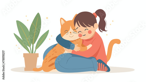 Scene with little kid hugging cat. Happy child sittin