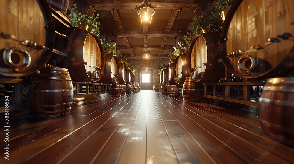Oak barrel wine tank, indoor light source. Generative AI. Oak barrel wine tank, indoor light source. Generative AI.
