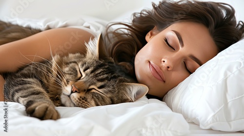 Young woman and cat peacefully sleeping in a white bed at home, creating a cozy and serene scene
