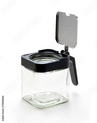 Empty glass condiment jar isolated on white background, Food containers for salt, pepper or sugar