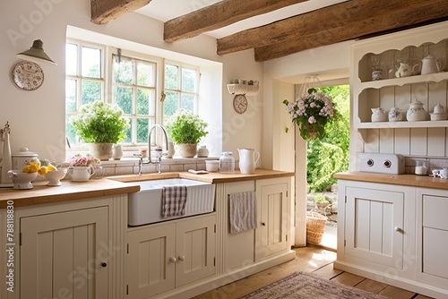 Belfast Sink Charm: Quaint English Cottage Kitchen with Wooden Beams and Striped Rug photo