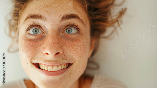 young woman face with looking eyes raised up to the sky and funny expression happy laughing pose isolated on white background created with Generative AI Technology