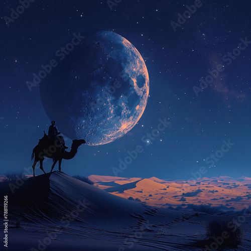 Islamic New Year and Eid Al-Adha theme with silhouette of person on camel against giant crescent moon at clear night in sahara desert