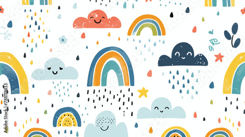 Seamless pattern with cute bright rainbows and rain 