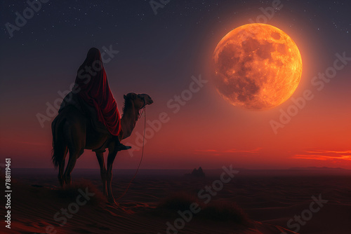 Islamic New Year and Eid Al-Adha theme with silhouette of person on camel against giant full moon at clear sunset in sahara desert