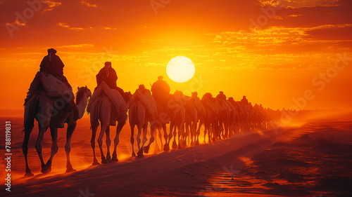 Long line of camels with person at sunset sky in the middle of Sahara desert. Islamic New Year and Eid Al-Adha theme 