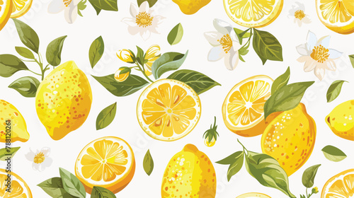 Seamless pattern with lemons whole and cut into piece photo