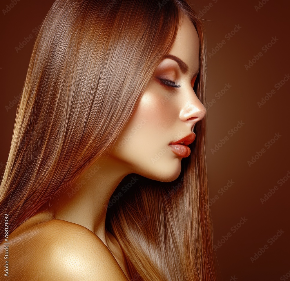Obraz premium A woman with long brown hair and red lips