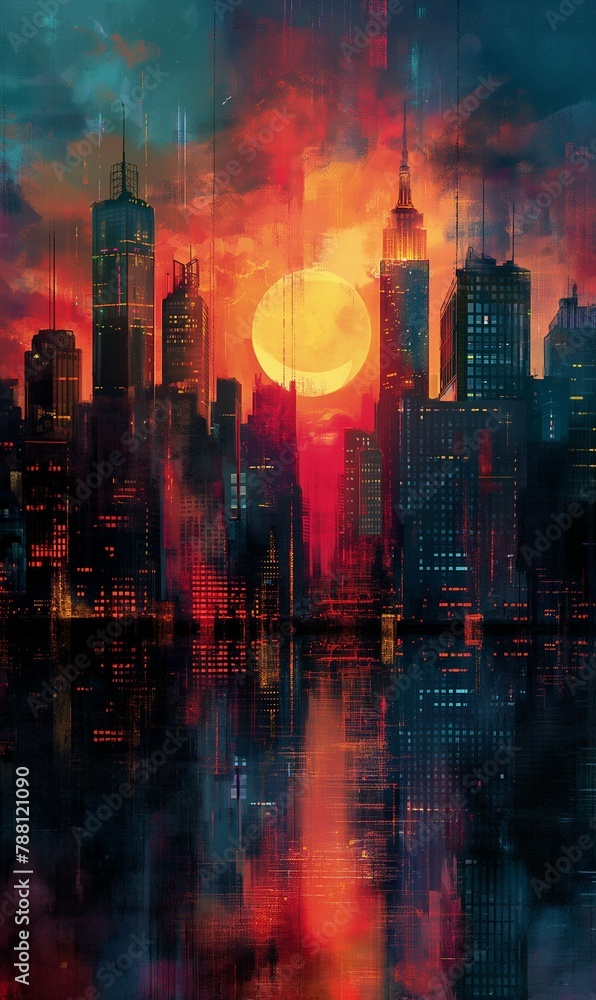 abstract illustration of sunset in the city with skyscrapers. 