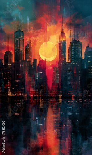 abstract illustration of sunset in the city with skyscrapers. 