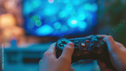 Close-up of a hands holding a Game joystick focused on joystick a blurred background