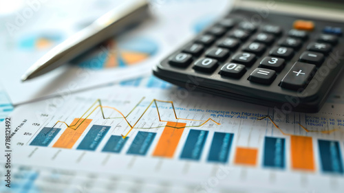 Financial accounting stock market graphs, pen, analysis calculator