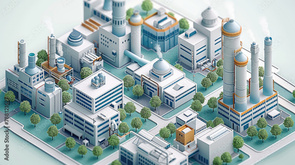 Simple vector graphic of an isometric city with three large buildings and one factory building, white background. top view. Generative AI. Simple vector graphic of an isometric city with three large buildings and one factory building, white background. top view. Generative AI.