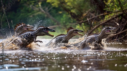 Spinosaurus puppies splashing in a shallow river photo