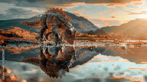 A kentrosaurus puppy admiring its reflection in a lake photo