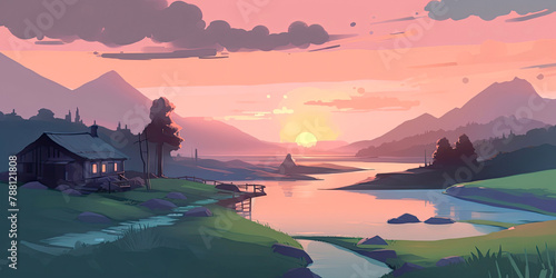 Painting of a sunset on a lake . Image for a wallpaper, background, postcard or poster 