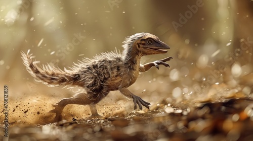 A fuzzy coelophysis puppy chasing its tail in circles photo