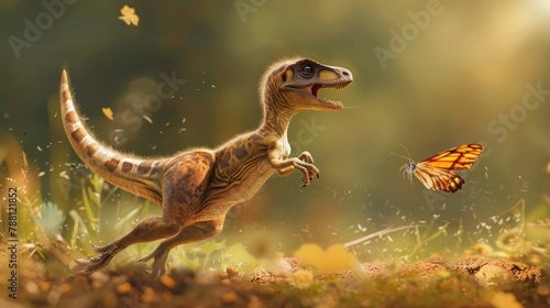 A deinonychus puppy leaping joyfully after a fluttering butterfly