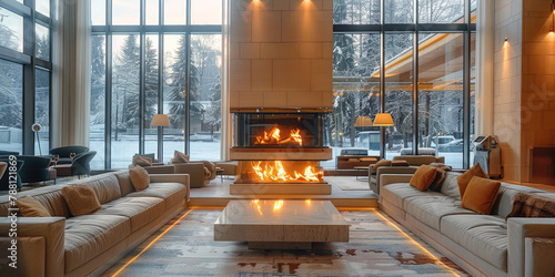 Cozy hotel lobby with sittings, fireplace and large glass windows. Generative AI.