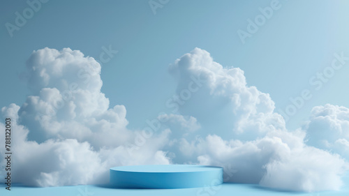 Minimalist Cloud Scene 3D Blue Render with Podium and Clouds for Product Display