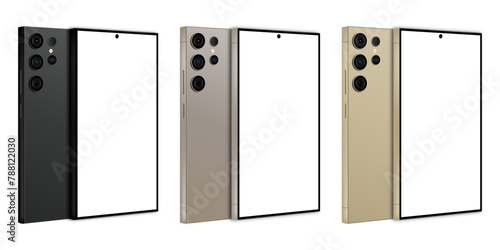 Samsung Galaxy S24 Ultra in three luxury colors. New Release Android Smartphone mock up. Realistic vector mock up. Vector