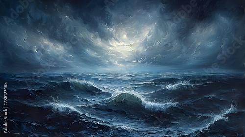 Tempestuous Harmony: Ocean's Rhapsody Under a Brooding Sky. Concept Seascape Photography, Moody Atmosphere, Stormy Weather, Ocean Reflections, Nature's Drama