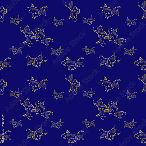 A blue and gold pattern of golden fish in the middle. Design for Fabric, Background, Carpet, Wallpaper, Clothing, Batik, Wrapping, Vector Illustration Style. Seamless pattern style
