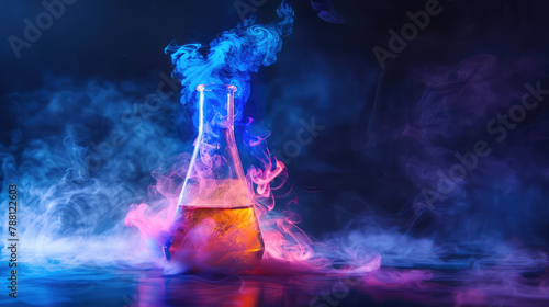 glass chemical flask with steaming liquid on a dark background. copy space