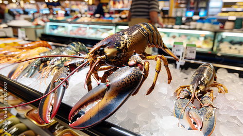 large fresh lobster on ice in a seafood store