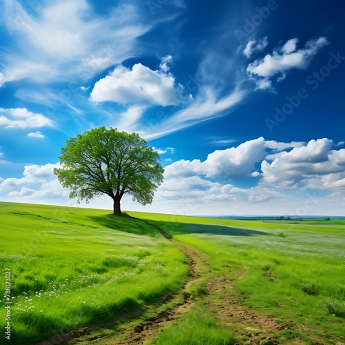 Green meadow and lonely tree on blue sky background