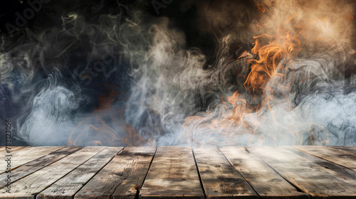 empty rough tabletop made of wooden planks against smoke and fire on dark background, copy space