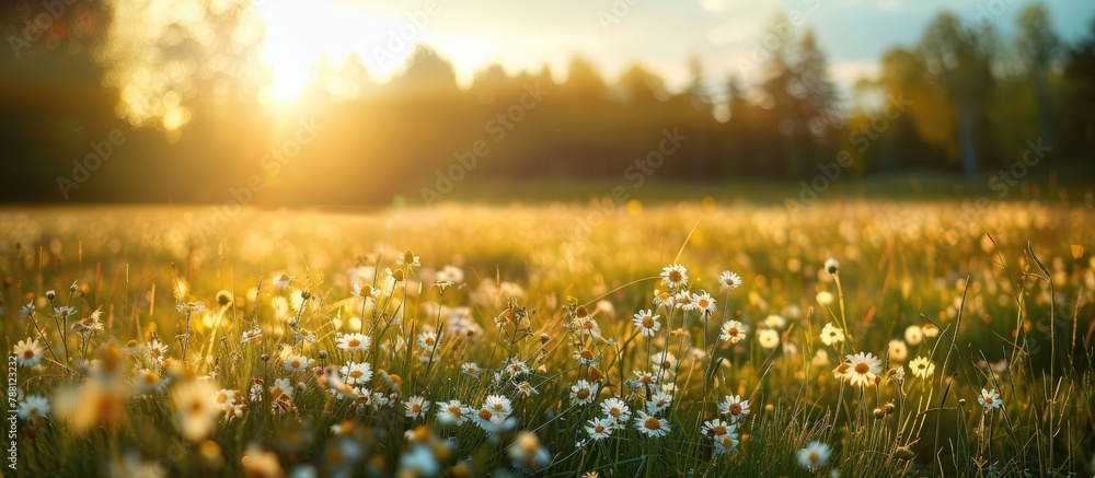 Sunlit spring field with blooming flowers
