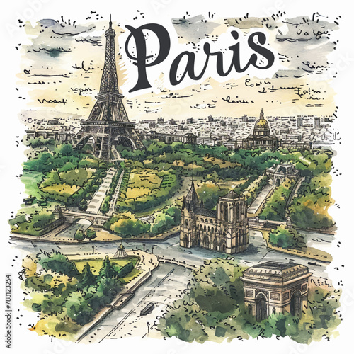 Artistic hand-drawn sketchnote style travel map of Paris, vector, wallpaper