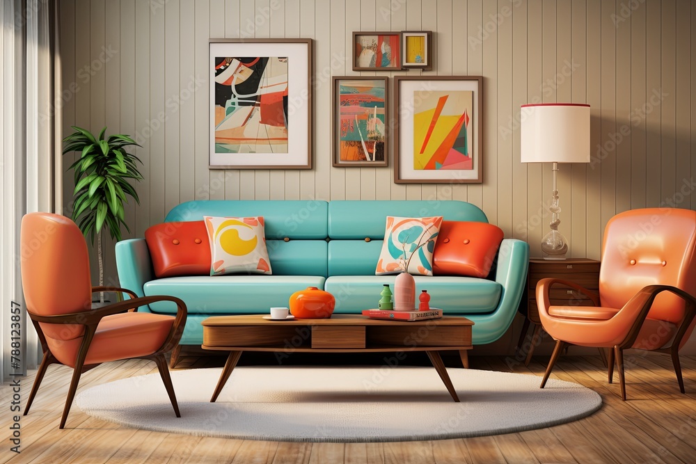 Fototapeta premium Mid-Century Marvel: Retro Chic 60s Living Room Ideas with Bold Designs and Vintage Vibes